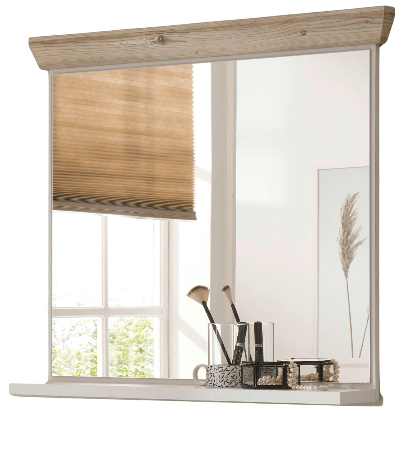 BADSPIEGEL Pinie weiß, Oslo Pinie Landhaus, Badspiegel mit Ablage, 80 x 72 cm - Weiß/Pinienfarben, Holzwerkstoff (80/72/15cm) - Furn.Design