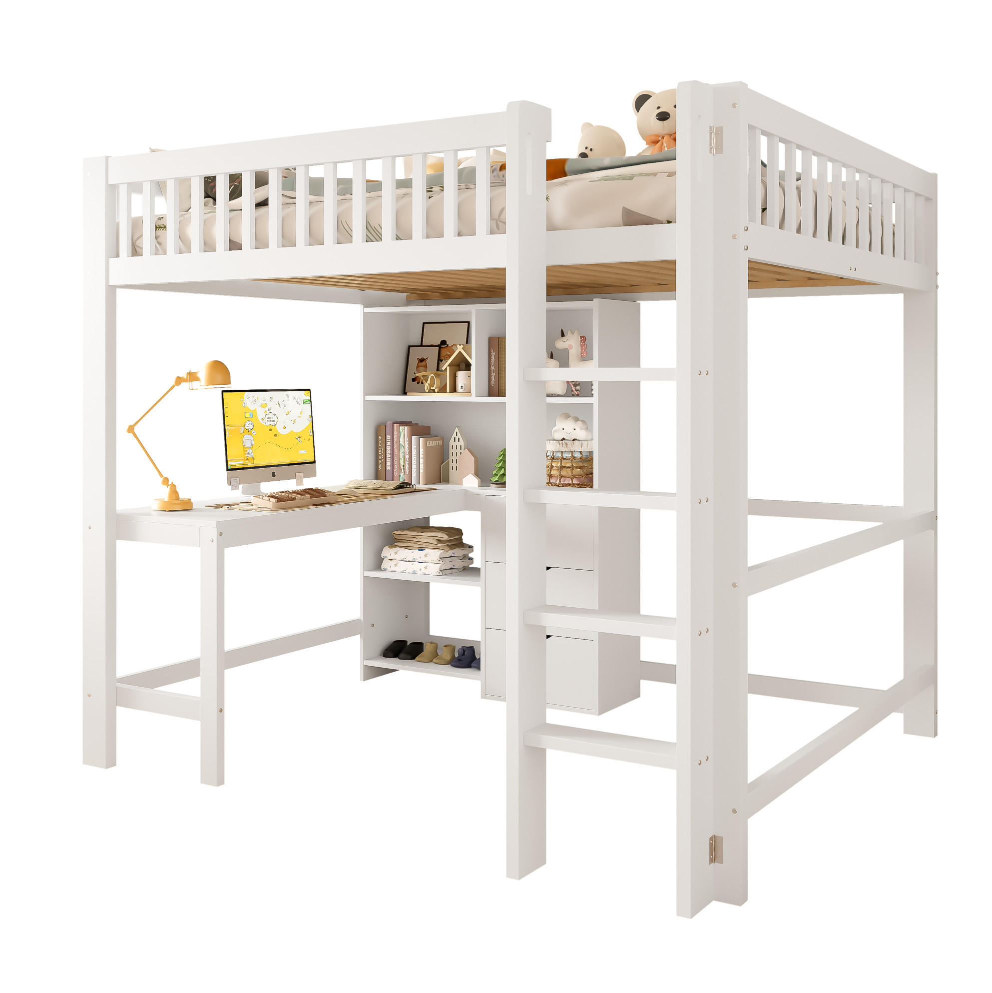 HOCHBETT 140/200 cm, Weiß mit Schreibtisch, 3 Schubladen, ohne Matratze - Weiß, Holzwerkstoff (140/200cm) - MIVRAY