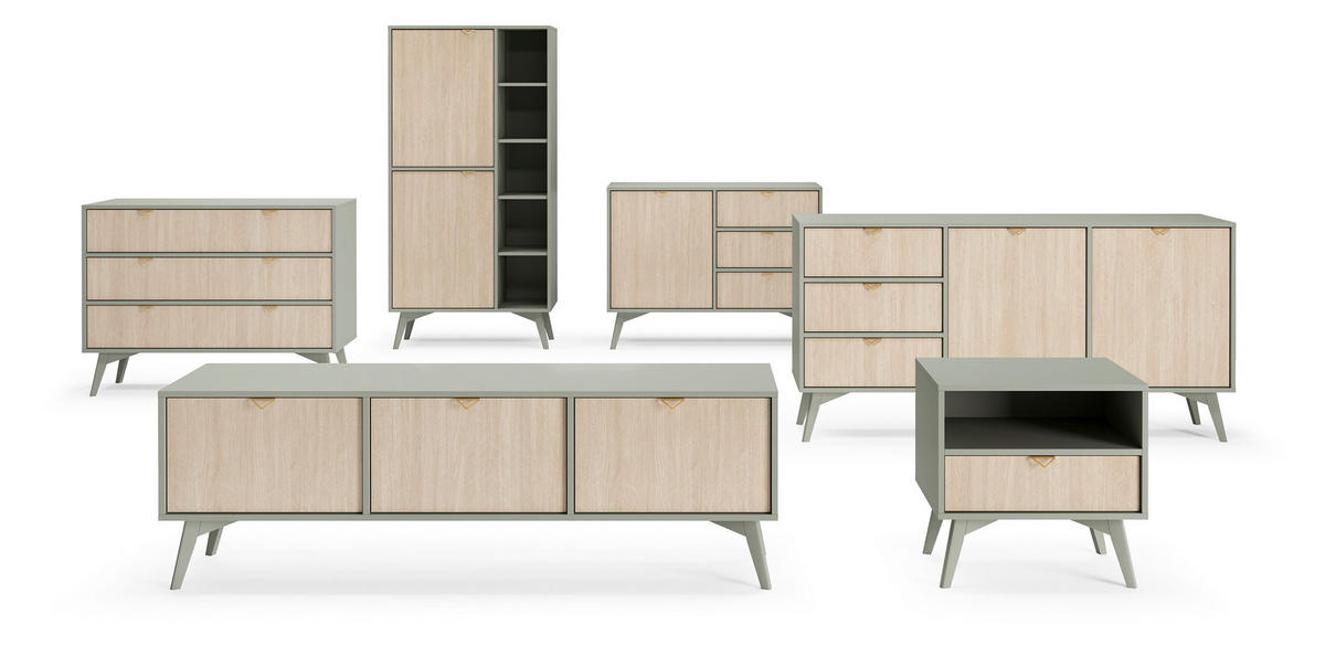 KOMMODE : Eukalyptus/Scandi-Fischgrätenmuster, Beine aus Eukalyptusholz, 106 x 80 x 38cm - Grün, Holzwerkstoff (106/80/38cm) - 3XE LIVING