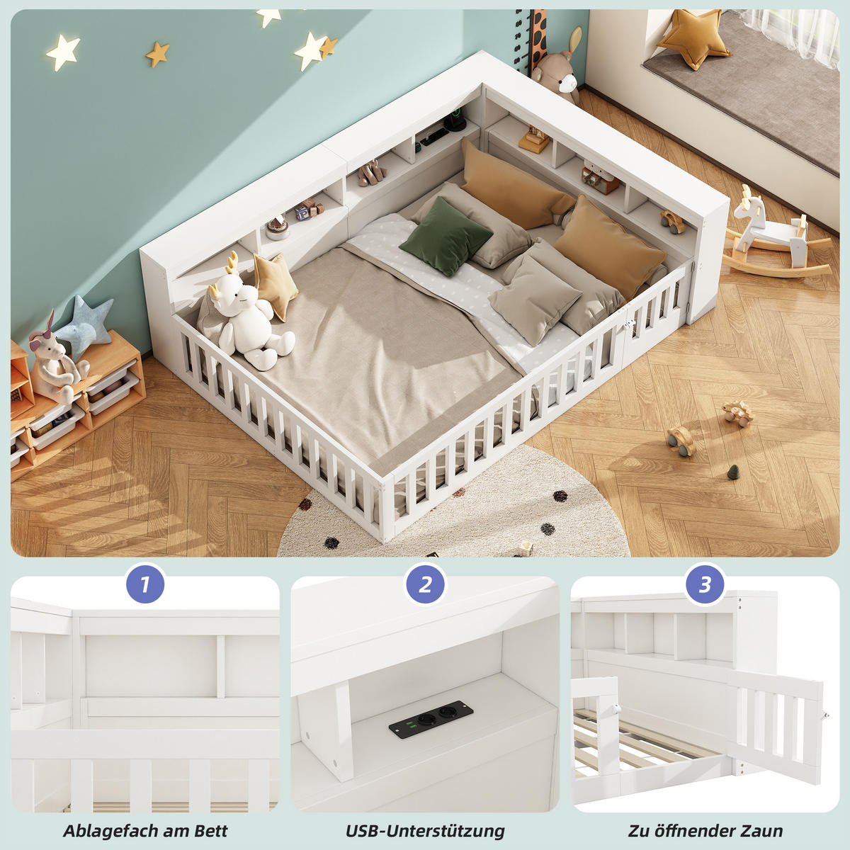 TAGEBETT 140x190cm Weiß Spanplatte Bettseite Staufach Steckdose USB - Weiß, Holz (140/190cm) - FLIEKS