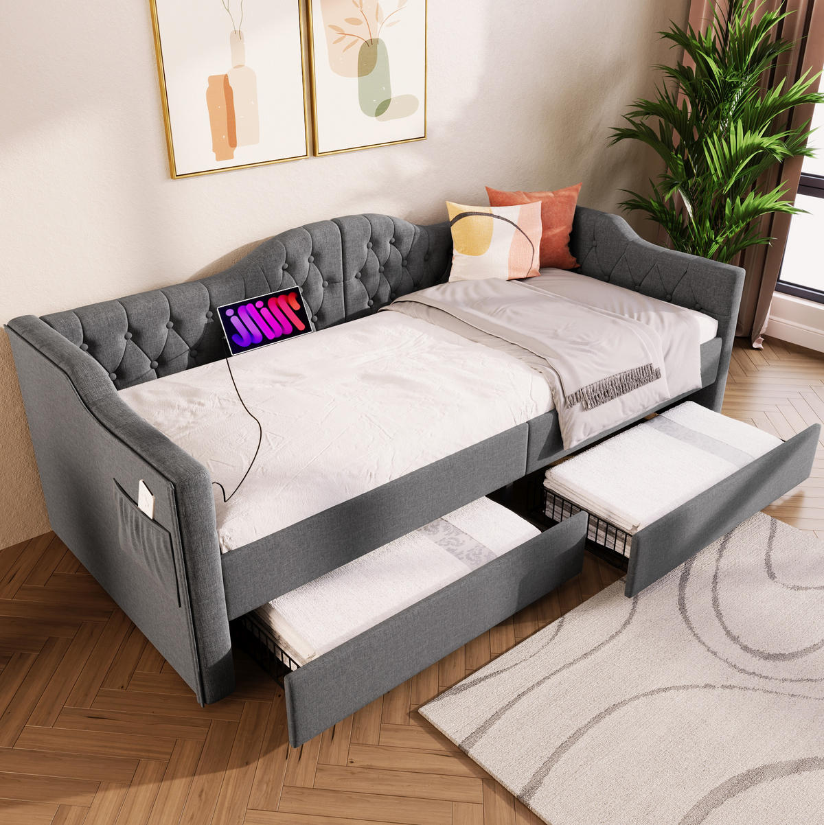 DNEVNA postelja iz lana 90x200 cm siva z USB in Type-C priključkom ter 2 predaloma - siva, tekstil (90/200cm) - Modfu