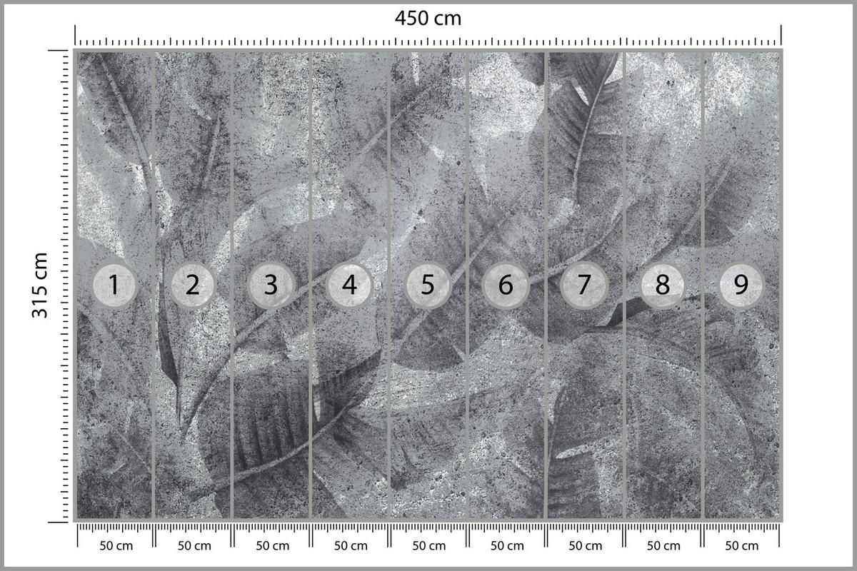 FOTOTAPETE für Wohnzimmer Abstraktion Blätter Beton Vintage Grau 450x315 - Grau, Papier (450/315cm) - Muralo