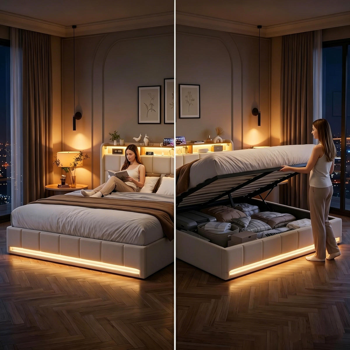 POLSTERBETT 140/200 cm Beige,Doppelbett mit Stauraum, LED und Ladestation - Beige, Holz/Textil (140/200cm) - PARAFTA HOME
