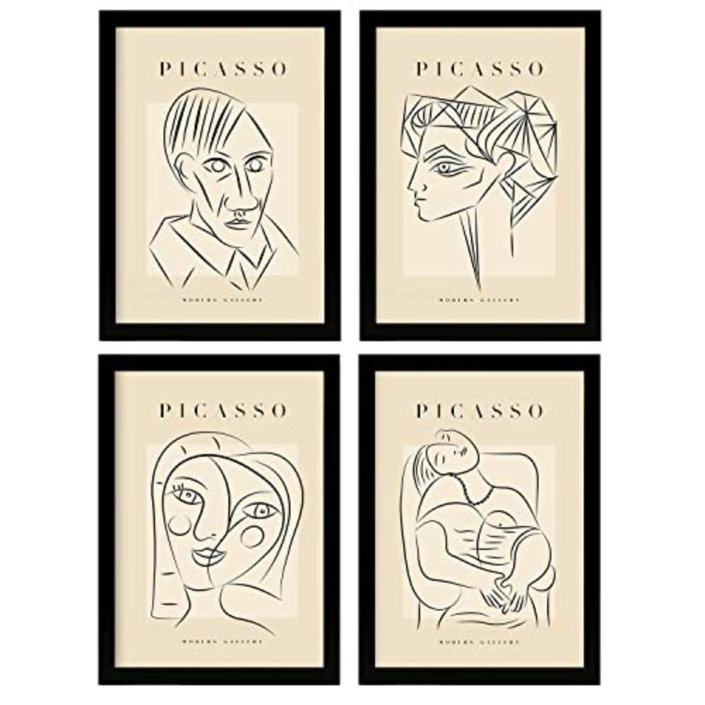 POSTER Set mit 4 PicassoSammlung von Linienporträts Ästhetische A3 Schwarzer Rahmen - Schwarz, Papier (29.7/3cm) - Nacnic