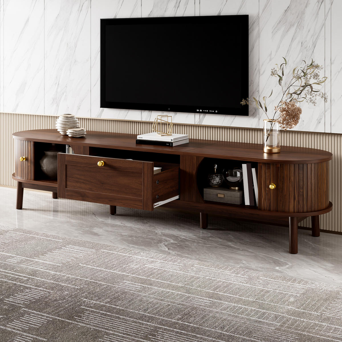 TV-SCHRANK Massivholz Schubladen abgerundet Stauraum modern - Walnussfarben, Holzwerkstoff (39.5/38/170cm) - FLIEKS