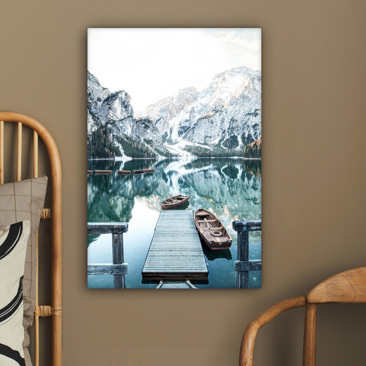 LEINWANDBILD Natur - Berge - Schnee - Wald - Boot 40x60 cm - Hellgrün, Textil (40/60cm) - MuchoWow