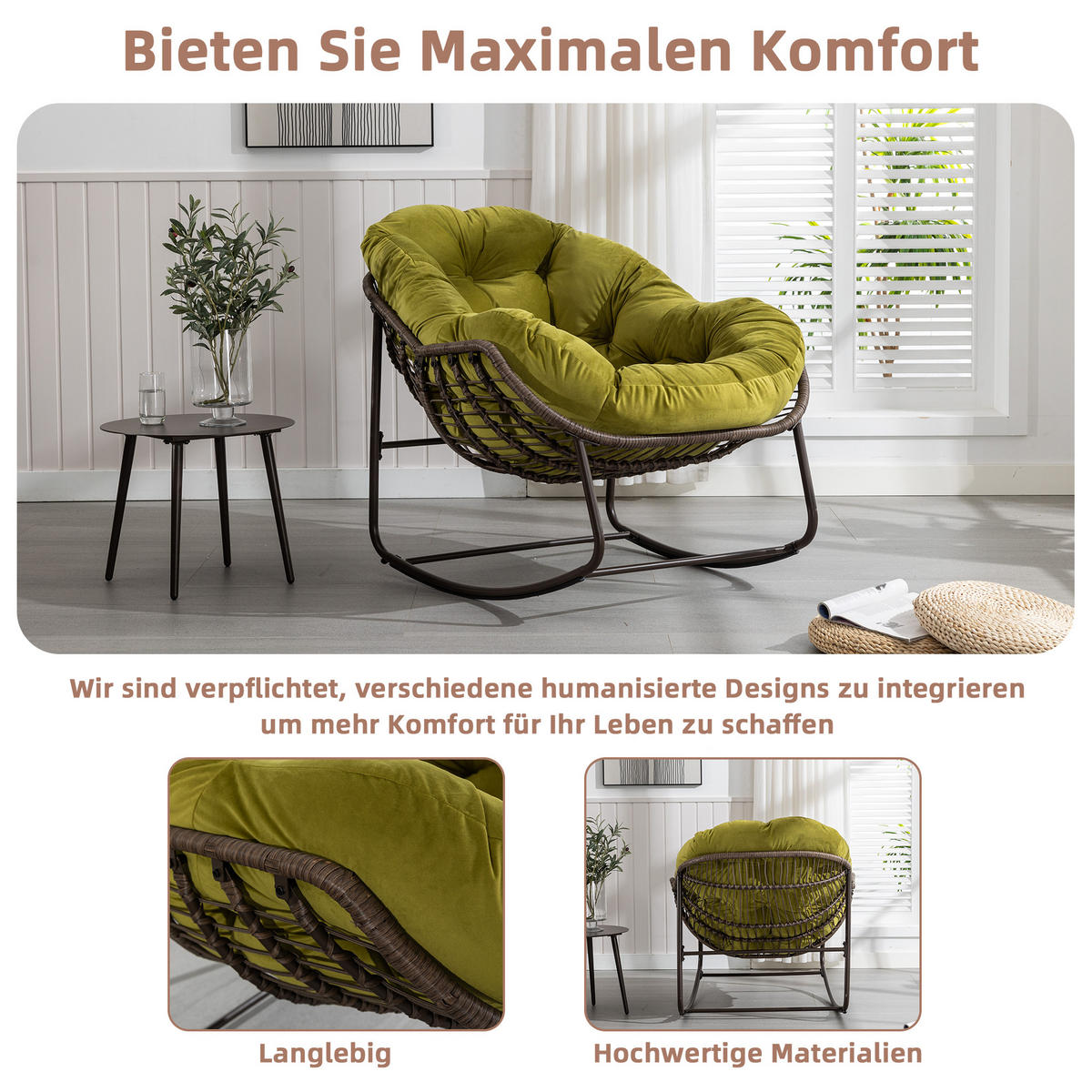 SCHAUKELSTUHL Schaukelsessel Garten,Rattanstuhl mit Stahlrahmen,Olivgrün-Samt - Olivgrün, Metall (94.5/80/111cm) - LVHOM
