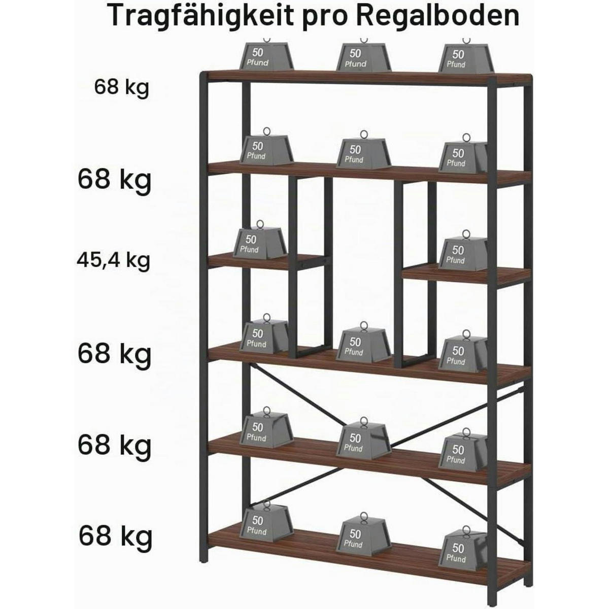 BÜCHERREGAL mit 6 Ebenen Walnuss 180 cm - Braun, Metall (120/178/30cm)