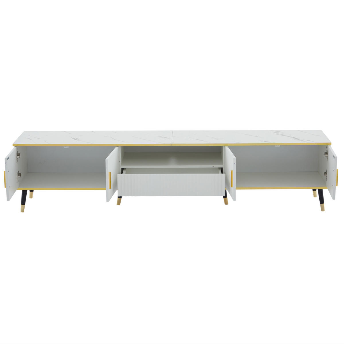 TV-BOARD aus Spanplatte 200x40x46 cm Weiß mit Kabelführung, 2 Türen, 1 Schublade und Marmoroptik - Weiß, Holzwerkstoff (200/46/40cm) - Modfu