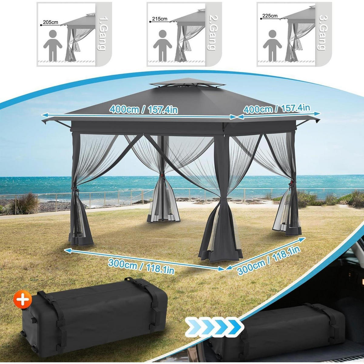 GARTENPAVILLON 400 x 400 cm Anthrazit Höhenverstellbar mit Moskitonetz - Anthrazit, Metall (300/285/400cm)