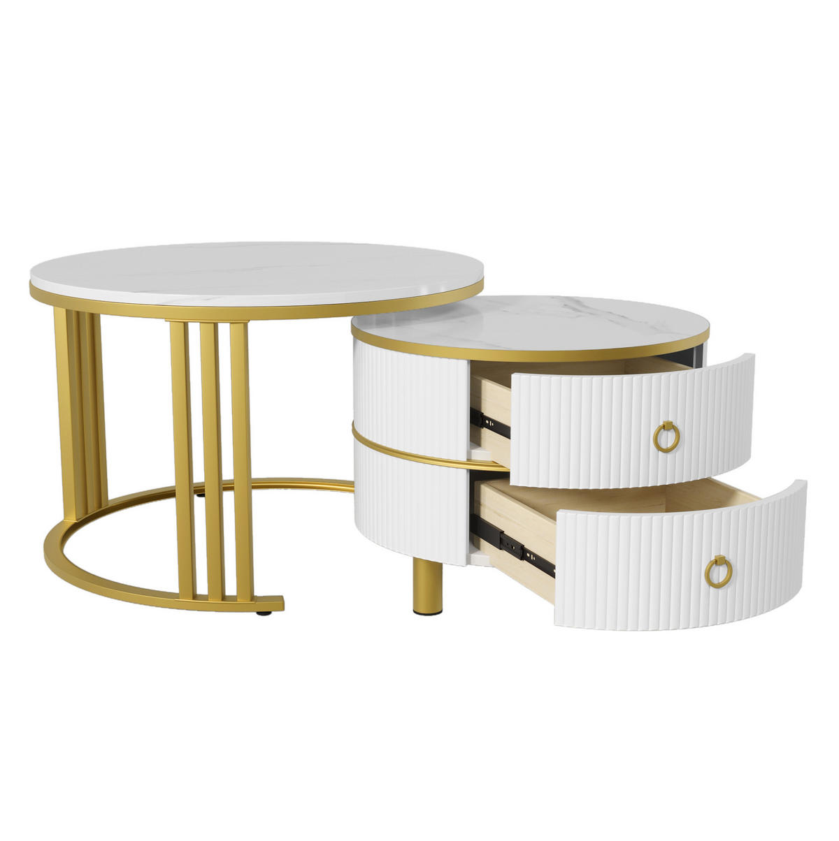 SADA konferenčních stolků 70/70/46 cm bílá z MDF se 2 zásuvkami - zlatá, kompozitní dřevo (70/70/46cm) - OKWISH
