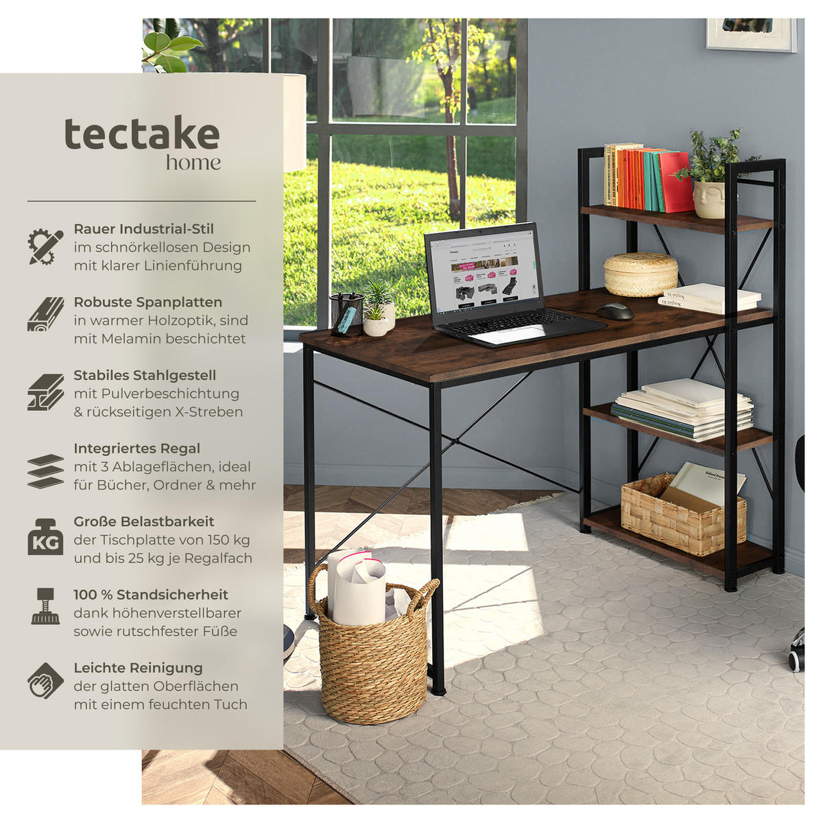 COMPUTERTISCH Hershey,122 x 61 x 120 cm,Industrial Holz dunkel, rustikal - Rostfarben, Holzwerkstoff (122/61/120cm) - tectake