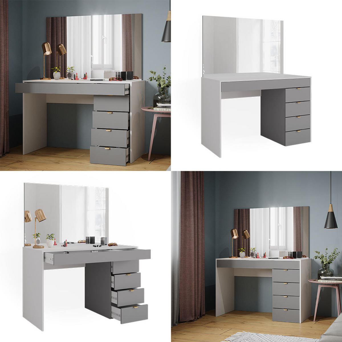SCHMINKTISCH Elise Weiß/Grau/Grau 115 cm mit Spiegel - Weiß/Grau, Holzwerkstoff (115/76/55cm) - Vicco