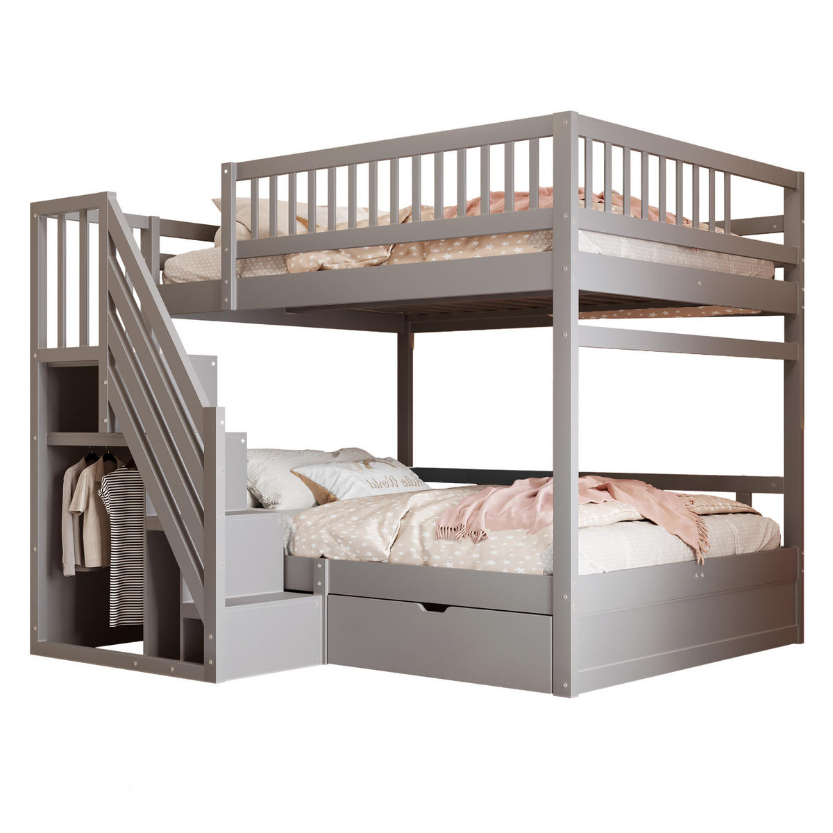 ETAGENBETT 140/200 cm & 140/200 cm in Grau mit Treppe, Schublade und Lattenrost - Grau, Holz/Holzwerkstoff (140/200cm) - CHICFURN