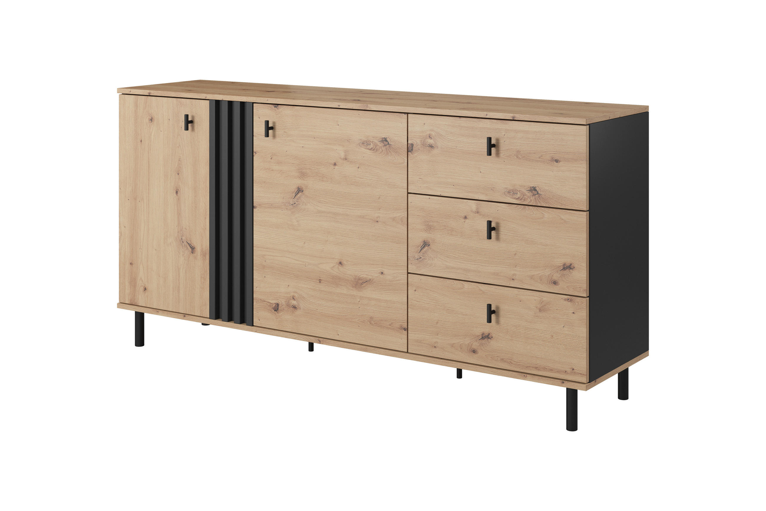 KOMMODE Madis Artisan Eiche, Zweitürig mit Schubladen - Schwarz/Eiche Artisan, Holzwerkstoff (165/82/40cm) - Bettso