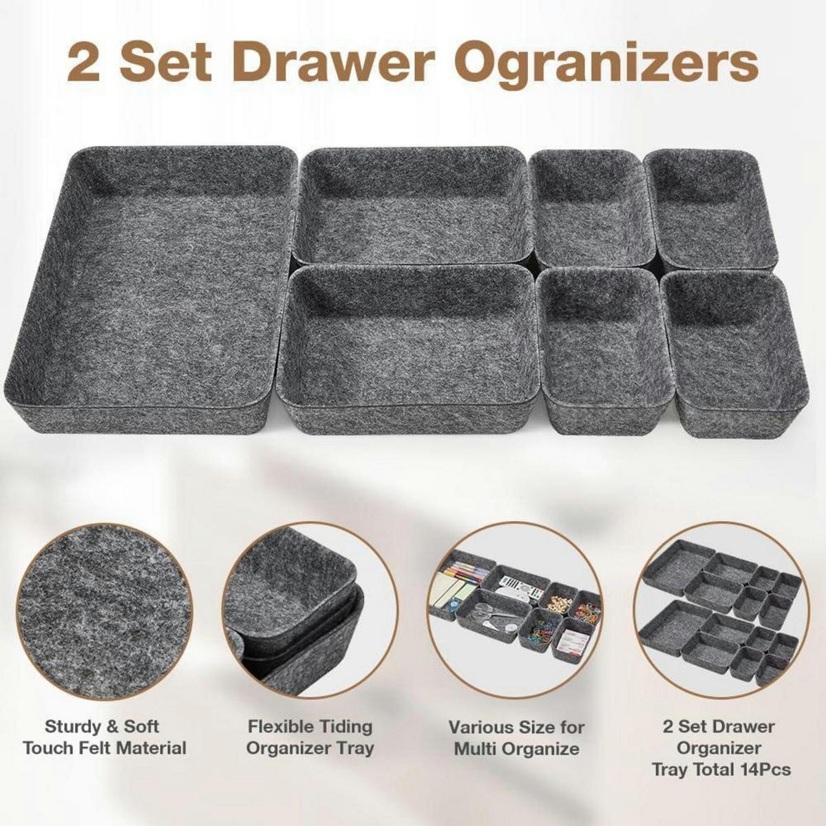 SCHUBLADEN Organizer Filz 14-teiliges Set Dunkelgrau - Grau, Textil (15/5/28.5cm)