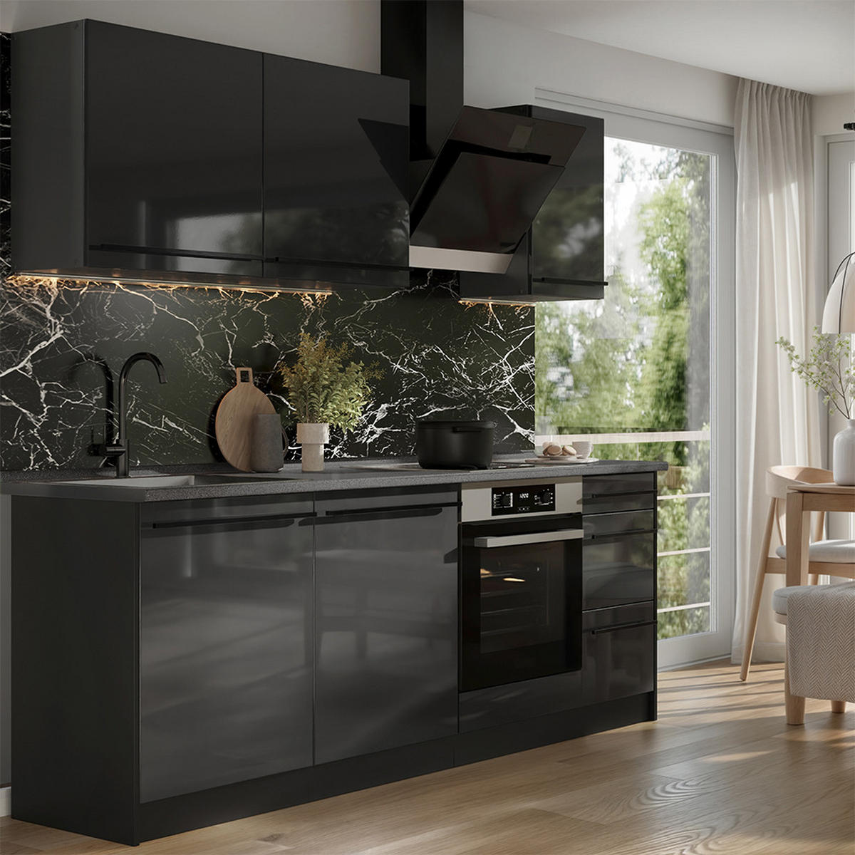 KÜCHENZEILE R-Line, Anthrazit Hochglanz/Anthrazit, 220 cm Arbeitsplatte Goldkraft Eiche - Schwarz Hochglanz/Anthrazit, Holzwerkstoff (220/81.6/60cm) - Vicco