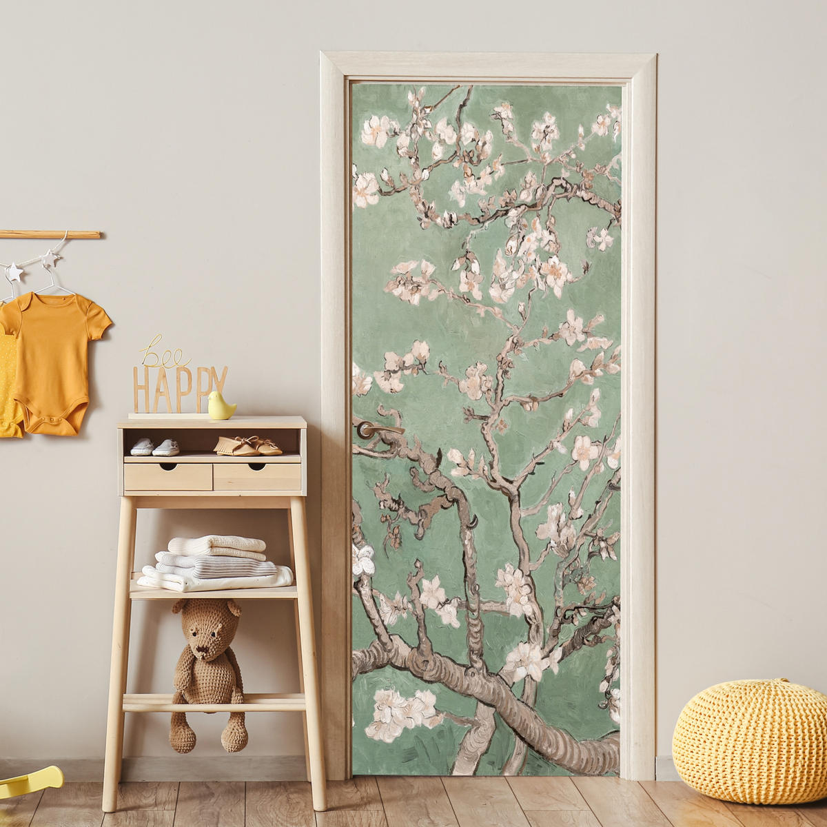 NÁLEPKA NA DVERE Mandľový kvet - Umenie - Van Gogh - Zelená 85x215 cm - šalviovozelená, plast (85/0.1cm) - MuchoWow