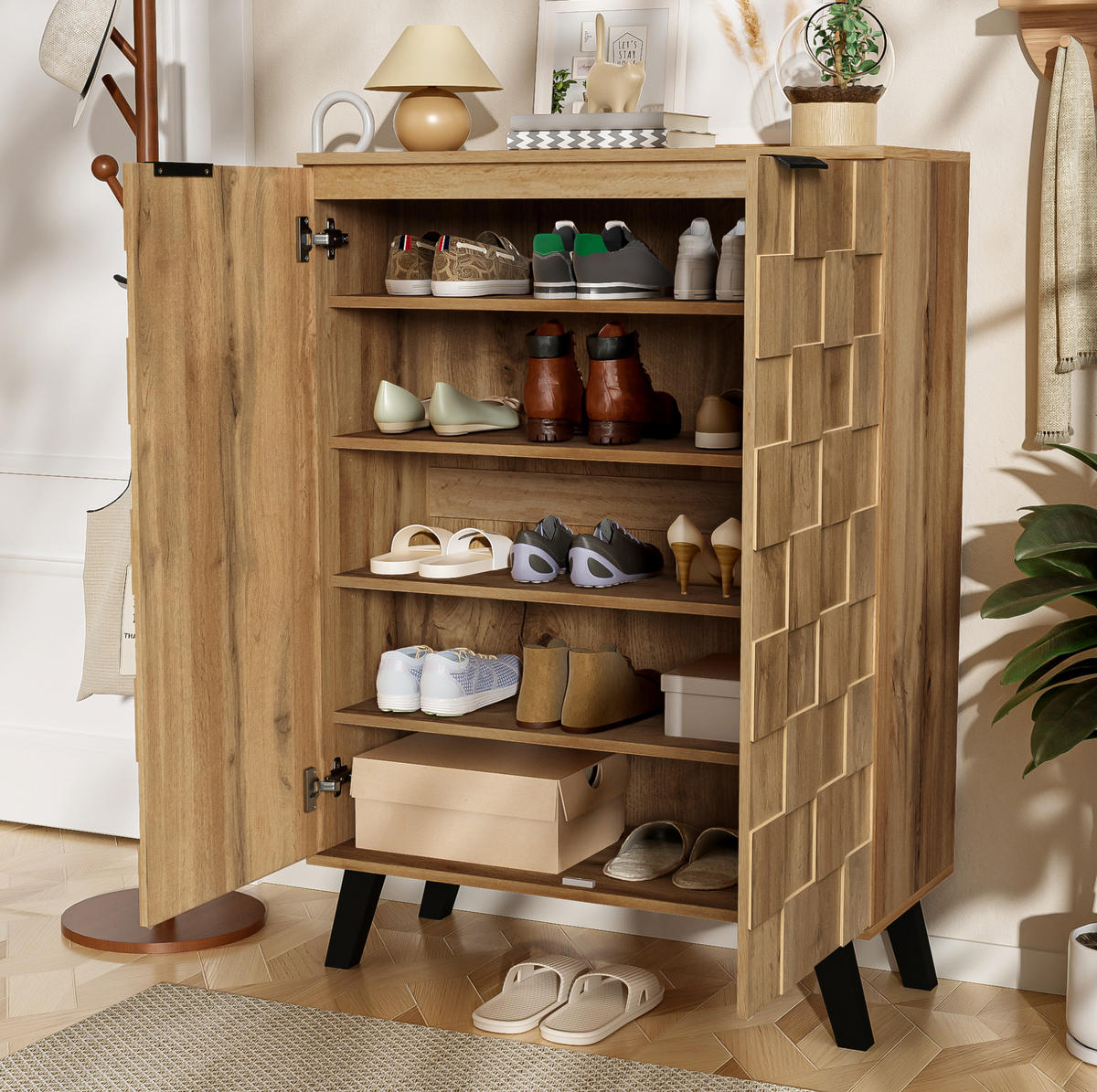 SCHUHSCHRANK 80,5/35/109,5 cm in Holzoptik mit 5 Fächern und verstellbaren Böden - Naturfarben, Holzwerkstoff (80.5/109.5/35cm) - Flora Grace