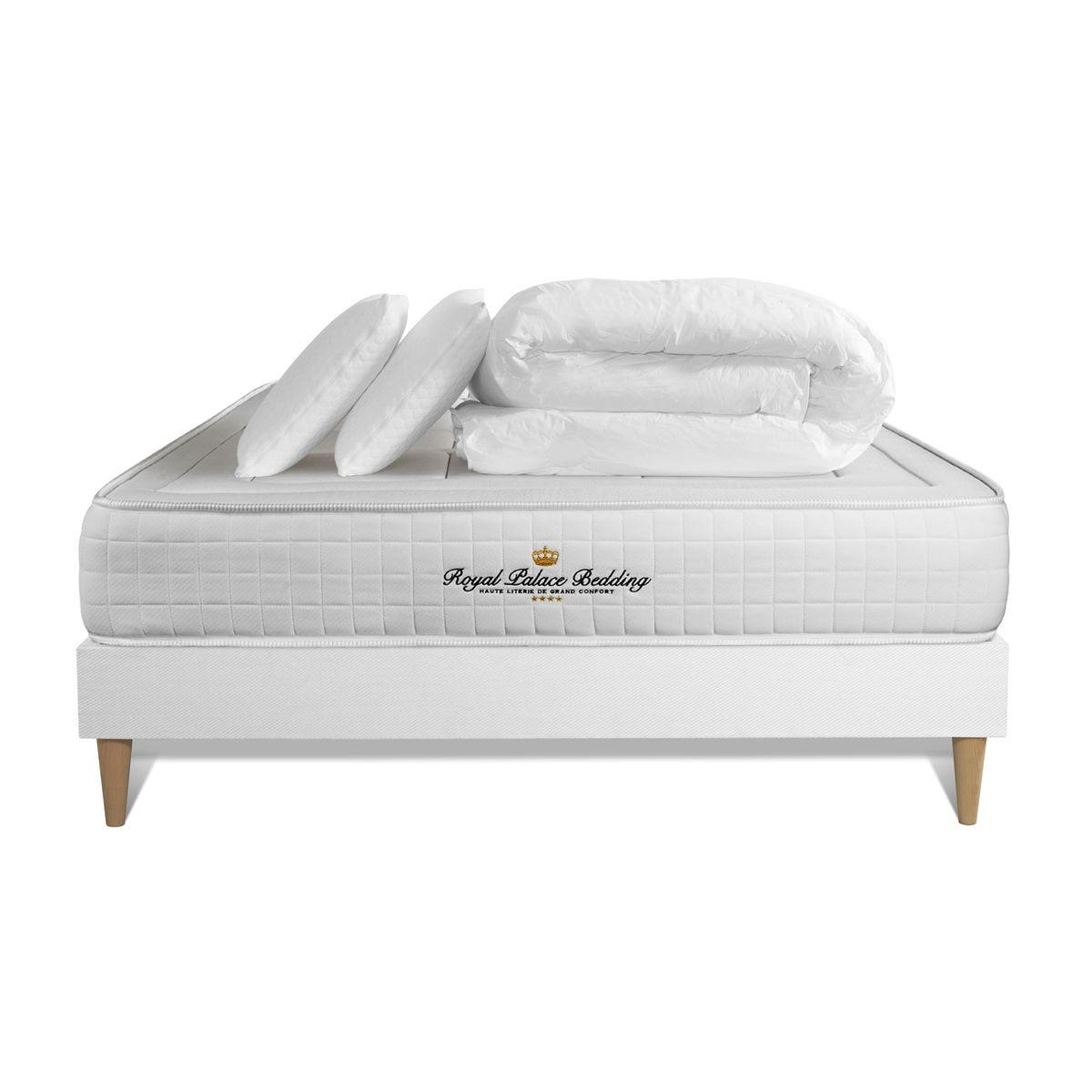 BETT Balmoral Memory-Schaum 140 x 190 cm h3 - Kit Bettgestell Weiß - Mit Kissen und Bettdecke - Beige/Weiß, Karton/Holz (140/190cm) - ROYAL PALACE BEDDING