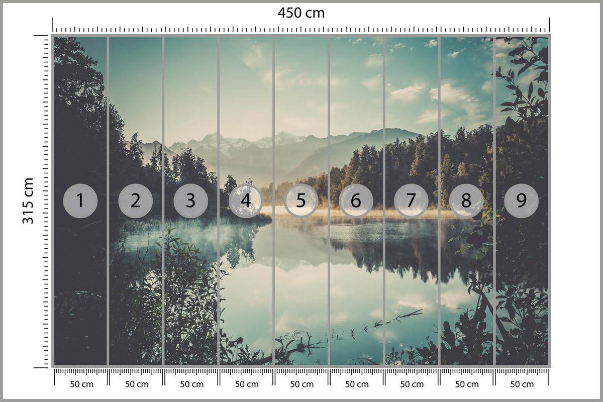 FOTOTAPETE für Esszimmer Bergsee Wald Bäume Nebel 450x315 - Türkis/Gelb, Papier (450/315cm) - Muralo