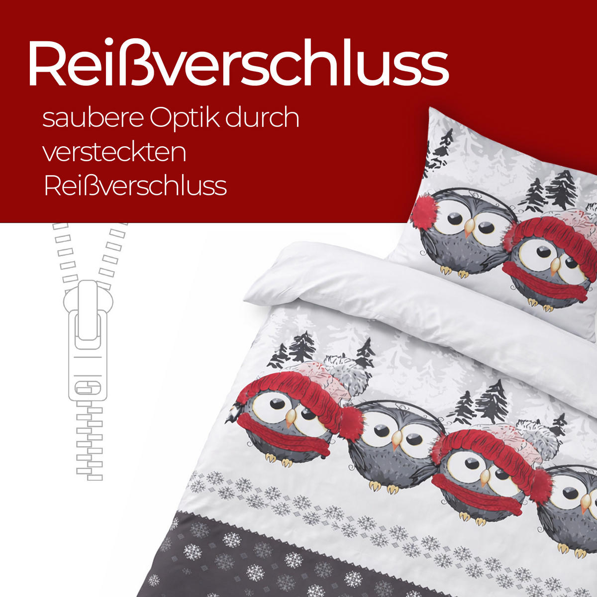 BETTWÄSCHE Feinbiber Herbst/Winter 135/200 cm Grau (Eule) - Rot/Grau, Textil (135/200cm) - Bestlivings