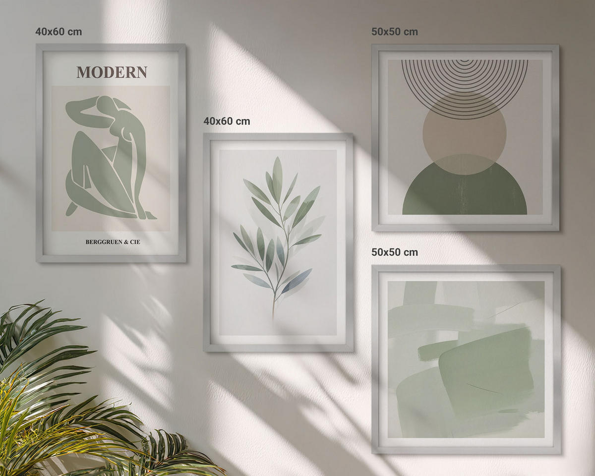 BILDER SET 4er Set - 50x50 cm & 40x60 cm Silberner Rahmen - Stilvolle abstrakte Pflanzengrafiken - Silberfarben, Kunststoff (50/50cm) - TULUP