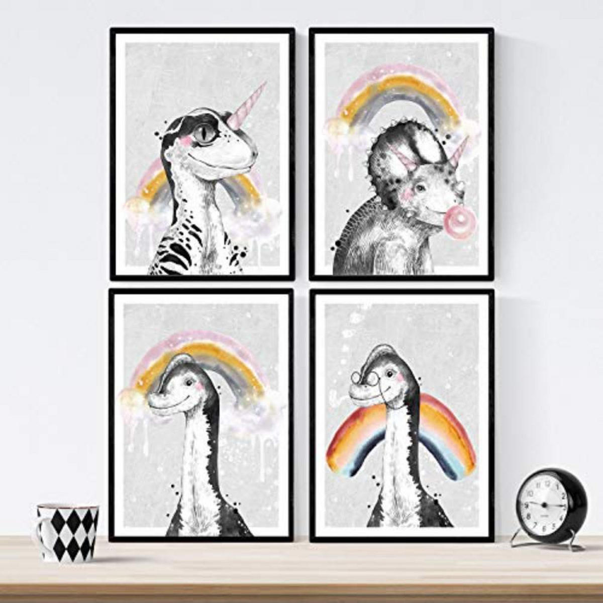 POSTER Set mit 4 Dinosaurios arociris A3 Schwarzer Rahmen - Schwarz, Papier (29.7/3cm) - Nacnic