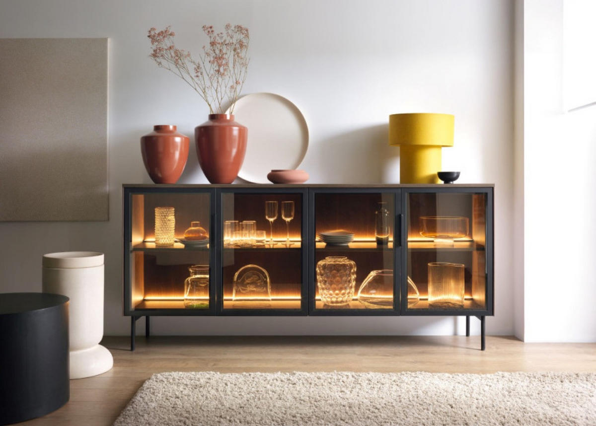 KOMMODE Dunin Eiche LUMIN Glasfront 4 Türen LED Beleuchtung - Schwarz, Holzwerkstoff (181.6/82.6/39.3cm) - Sepro Meble