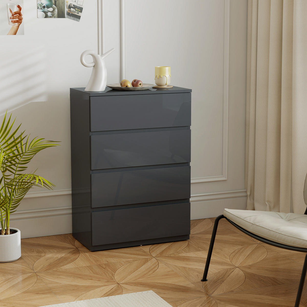 KOMOODE DE-12926 4 Schubladen, Hochglanz Grau - Grau, Holzwerkstoff (55/80/34cm) - ComfortXL