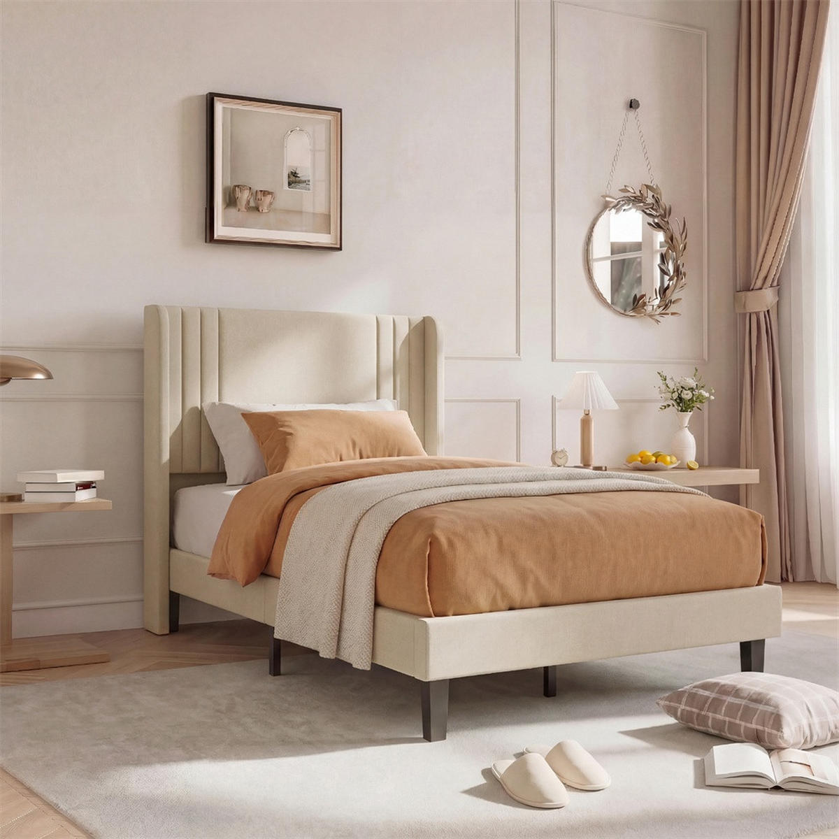 POLSTERBETT 90 x 200 cm aus Leinen mit gepolstertem Kopfteil - tabile Bettbeine ohne Matratze - Beige - Beige, Textil (90/200cm) - DELFA
