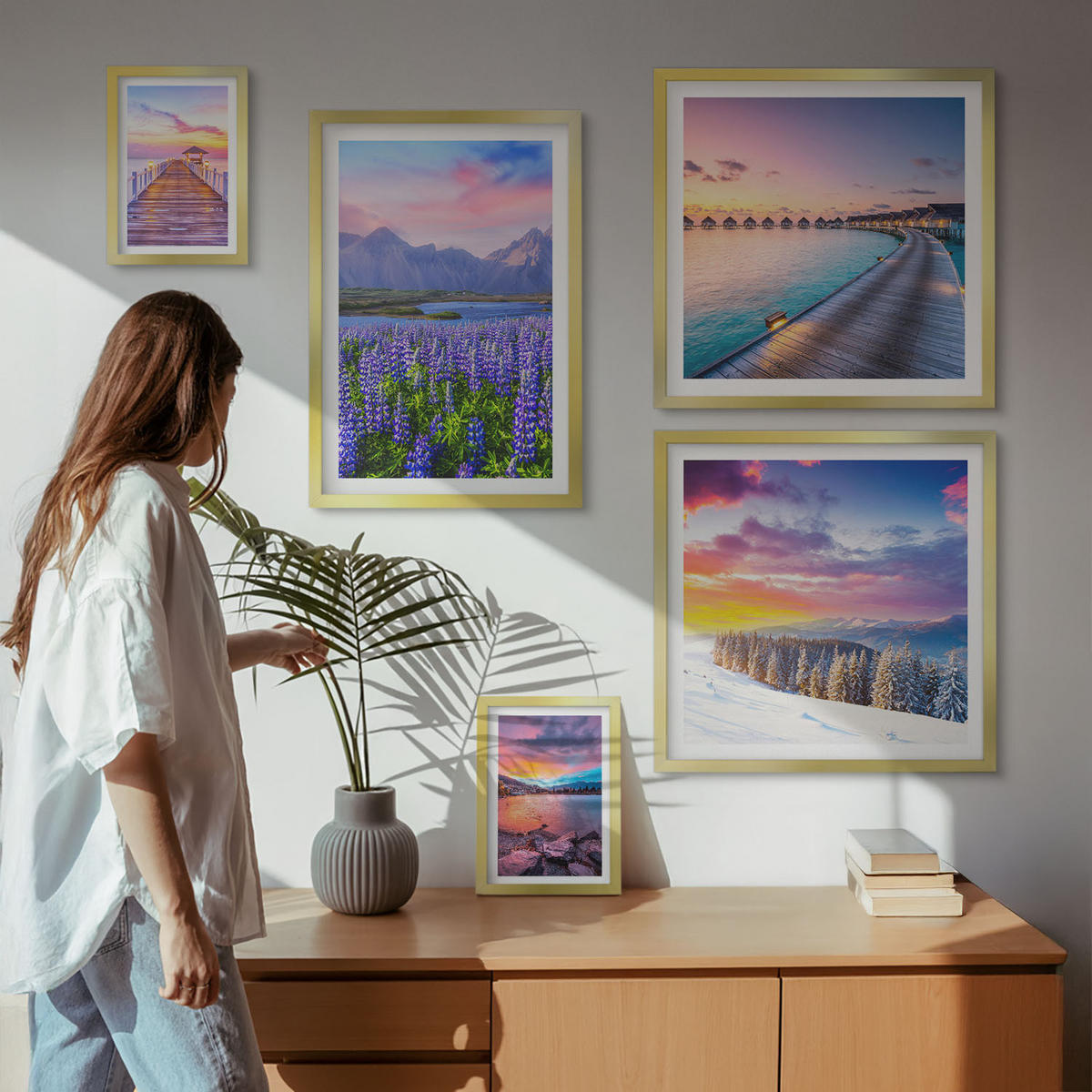 WANDBILDER 5er Set - 50x50 cm & 20x30 cm & 40x60 cm Goldrahmen - Winterlandschaft des Pierbergs - Goldfarben, Kunststoff (40/60cm) - ArtPrintCave