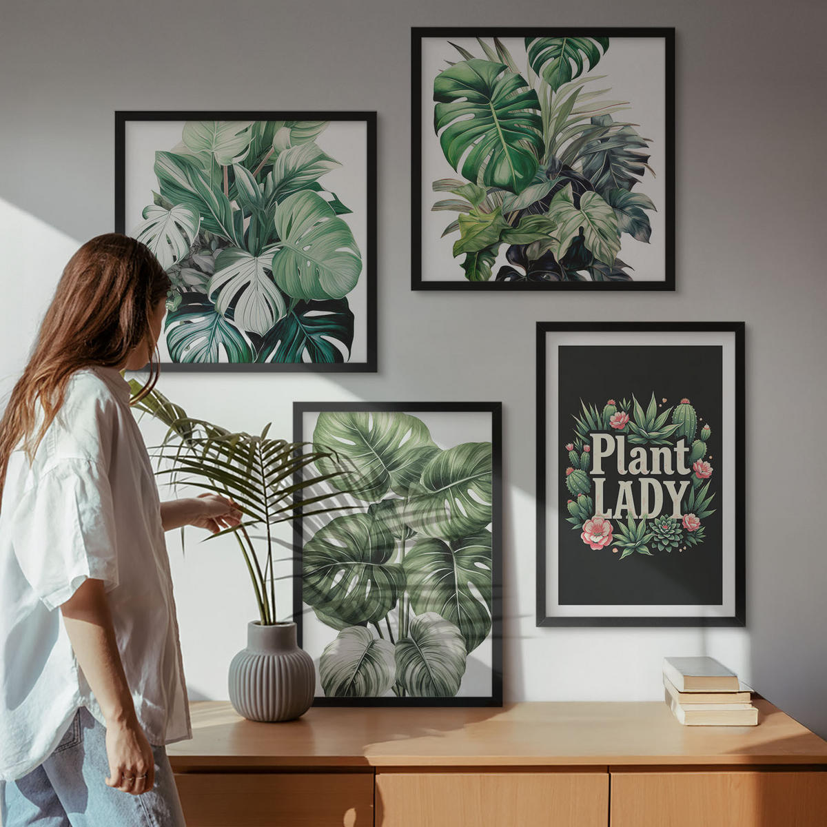 BILDER SET 4er Set - 50x50 cm & 40x60 cm Schwarzer Rahmen - Tropische Pflanzen, Pflanzenliebhaberin - Schwarz, Kunststoff (50/50cm) - TULUP