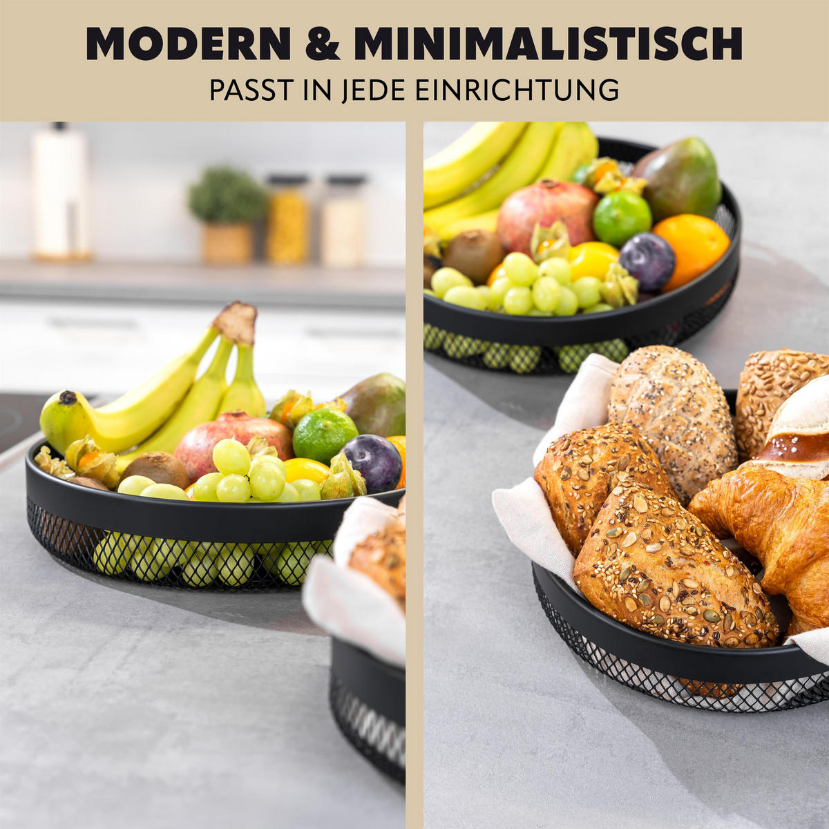 OBSTKORB - BROTKORB 2er Set, runde Obstschale, aus schwarzem Metall - Schwarz, Metall (30/6cm) - eluno