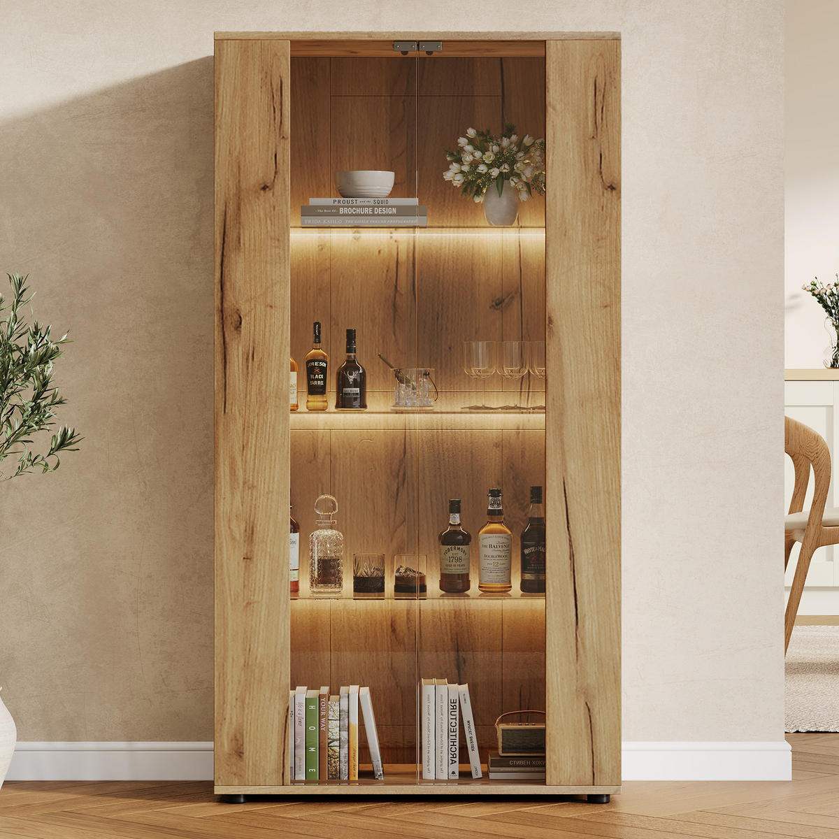 VITRINE 80x36x150,5 cm Natur mit LED und 2 Türen - Naturfarben, Holzwerkstoff (80/150.5/36cm) - FLIEKS