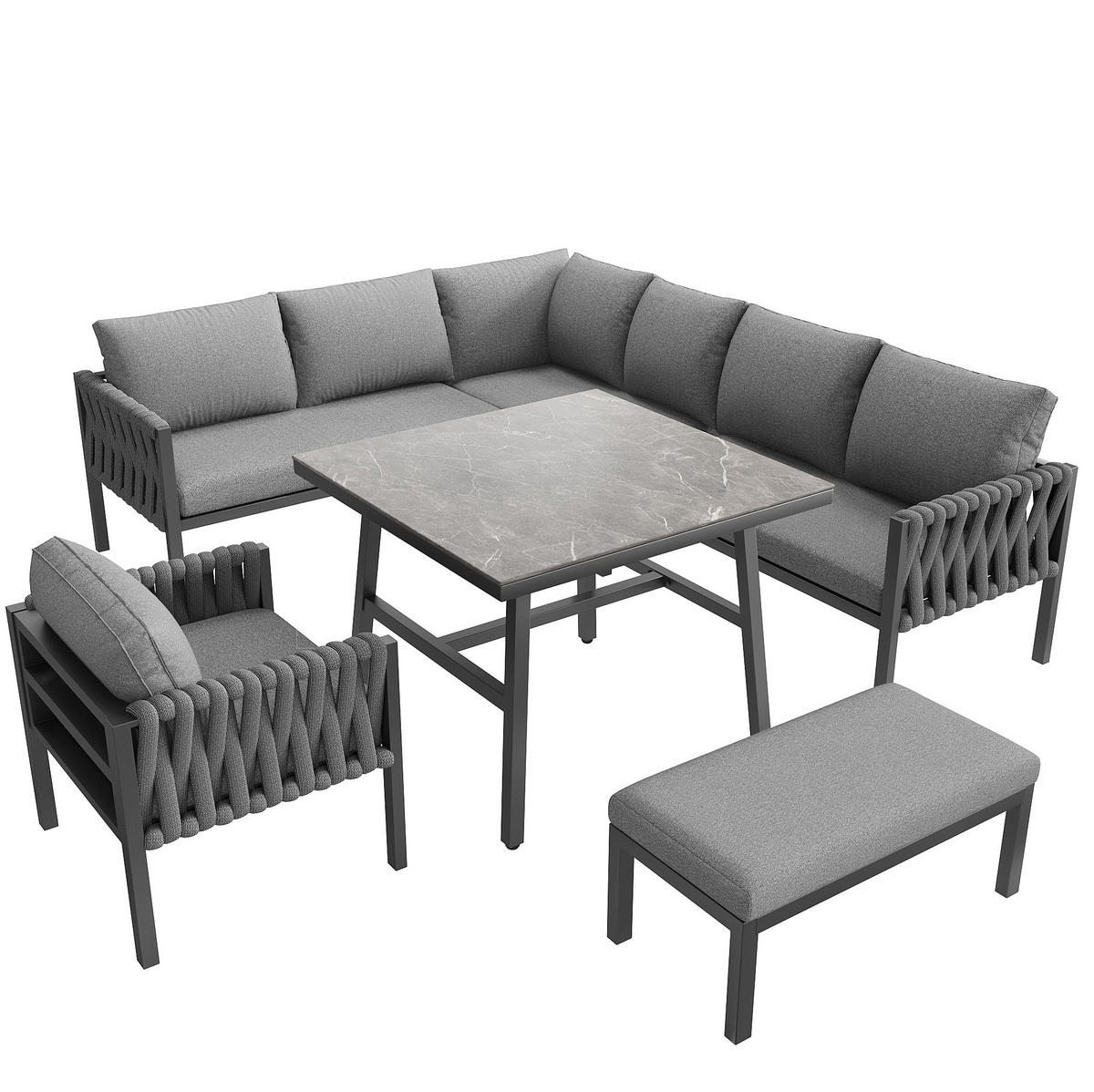GARTENMÖBELSET 238/61/78 cm grau aus Metall und Polyester mit Kissen und Glastisch - Grau, Metall - OKWISH