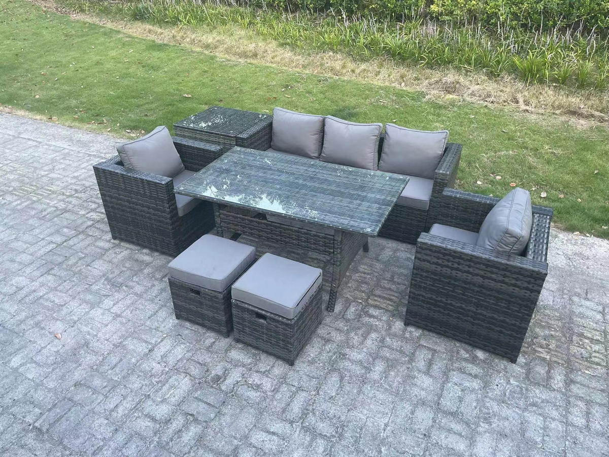 LOUNGEGARNITUR mit Stuhl Polyrattan Dunkelgrau 7-Sitzer - Dunkelgrau/Grau, Glas/Kunststoff - Fimous
