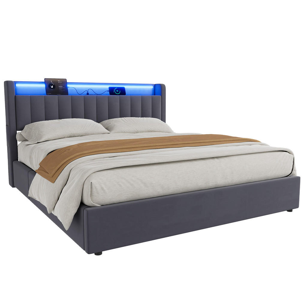 WISHDOR ČALOUNĚNÁ POSTEL 180/200 cm v šedé barvě, s úložným prostorem, USB a LED osvětlením, bez matrace