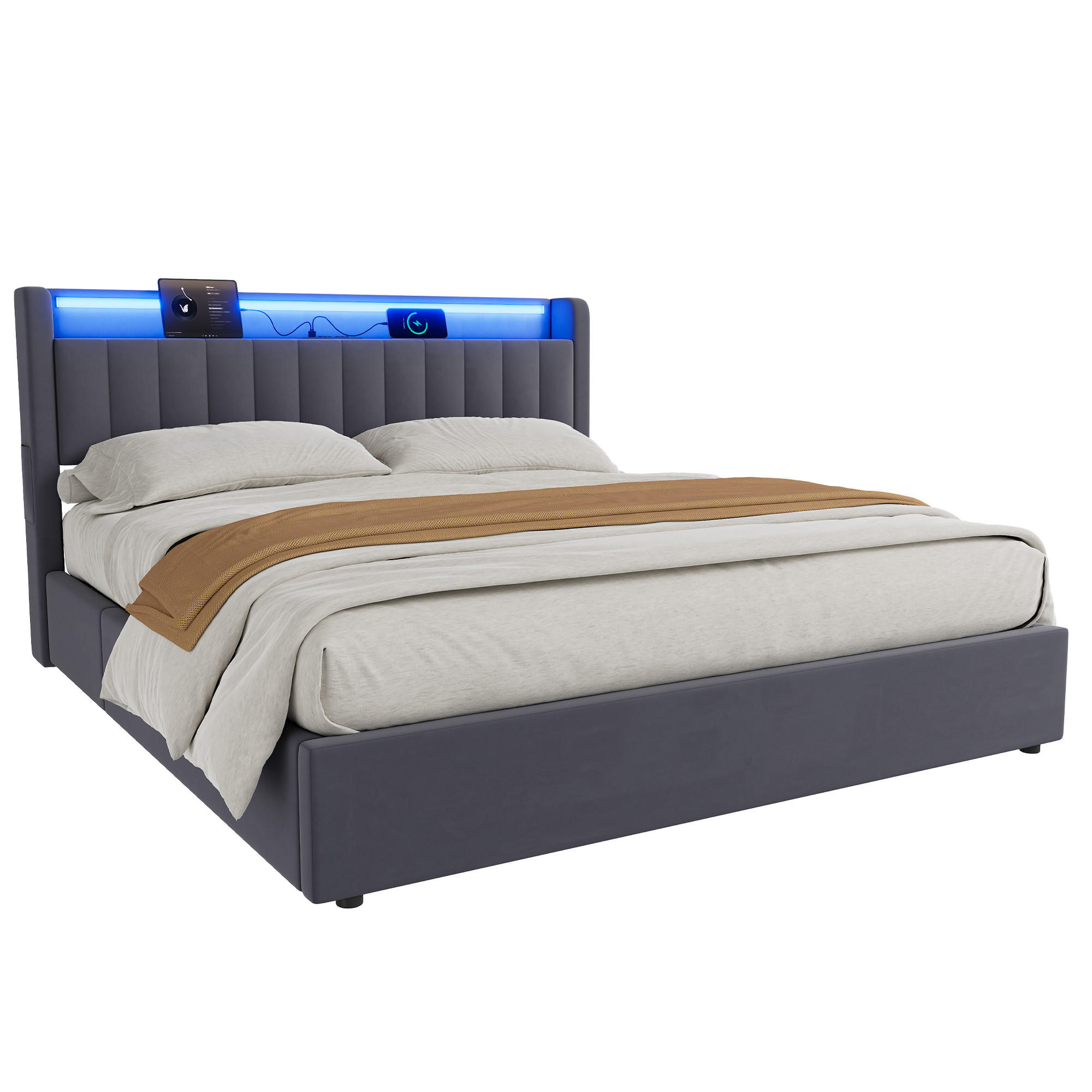 POLSTERBETT 180/200 cm mit Stauraum und Steckdose, mit LED Beleuchtung, ohne Matratze - Grau, Holzwerkstoff/Textil (180/200cm) - STILVORA