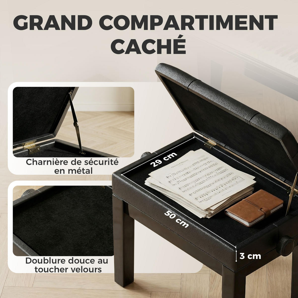 HOCKER DE-16370 höhenverstellbar mit integriertem Fach Schwarz - Schwarz, Metall (35/56/63cm) - ComfortXL