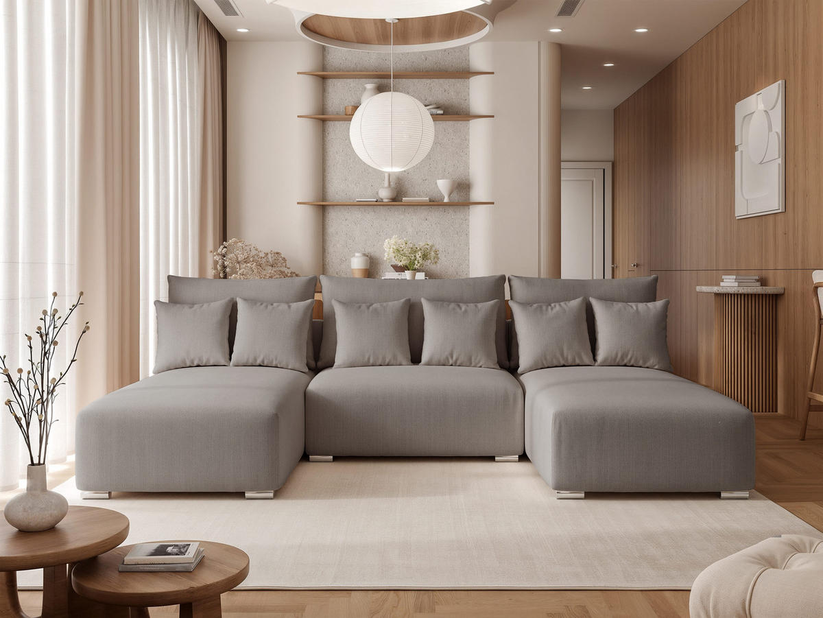 WOHNLANDSCHAFT ELVO mit Schlaffunktion und Bettkasten Grau - Grau, Holzwerkstoff/Kunststoff (300/91/190cm) - Idohome