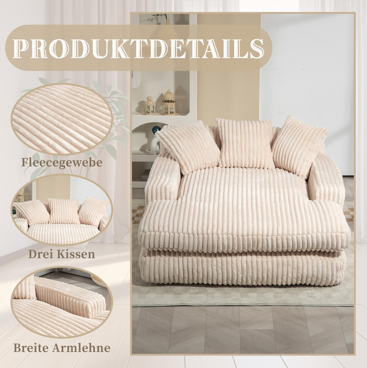 BIGSOFA Chaiselongue Cord mit 3 Kissen 125/155/63 cm Beige - Beige, Textil (63/125/155cm) - Redom