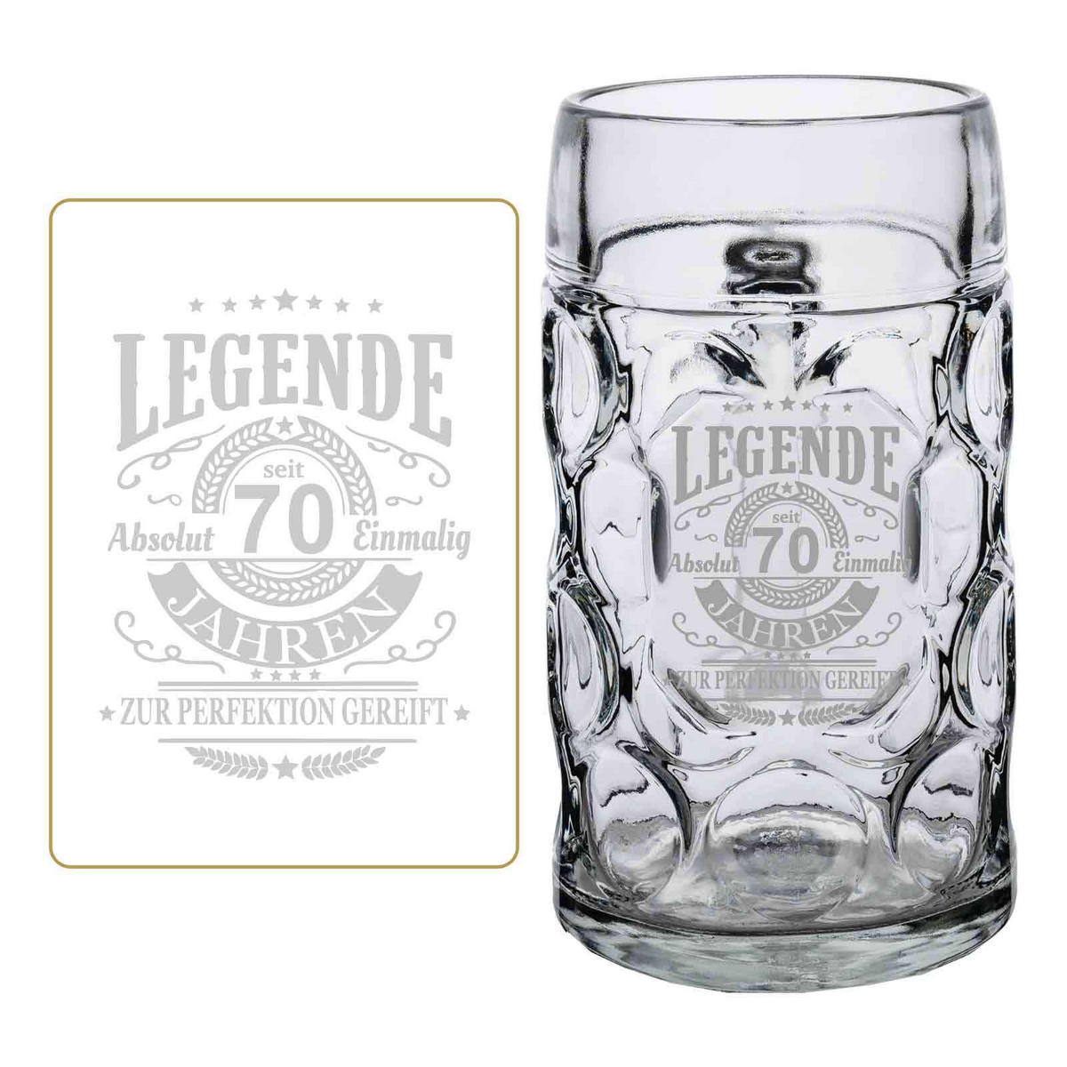 MASSKRUG MIT GRAVUR Legende seit 70 Jahren transparent 1,0 Liter - Transparent, Glas (1L) - LUXENTU