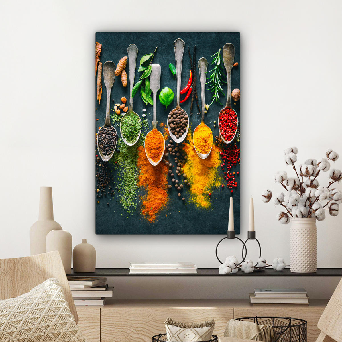 LEINWANDBILD Kräuter - Gewürze - Löffel Wandbild Wohnzimmer 60x80 cm - Currygelb, Textil (60/80cm) - MuchoWow