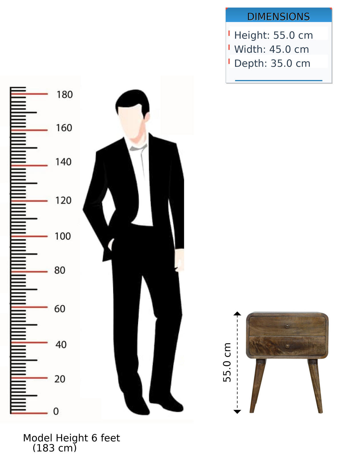 NACHTTISCH Grau gewaschenes Finish, 2 Schubladen, Grau und Braun - Graubraun/Braun, Holz (35/55/45cm) - Artisan Furniture
