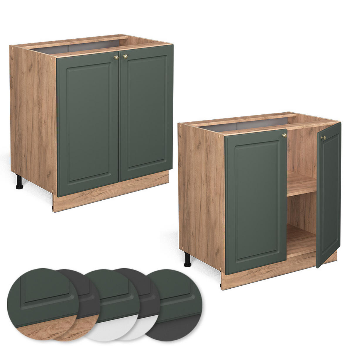 KÜCHENUNTERSCHRANK Fame-Line Grün-Gold Landhaus 80 cm mit Regal, ohne Arbeitsplatte - Eiche Wotan/Grün, Holzwerkstoff (80/82/51.6cm) - Vicco