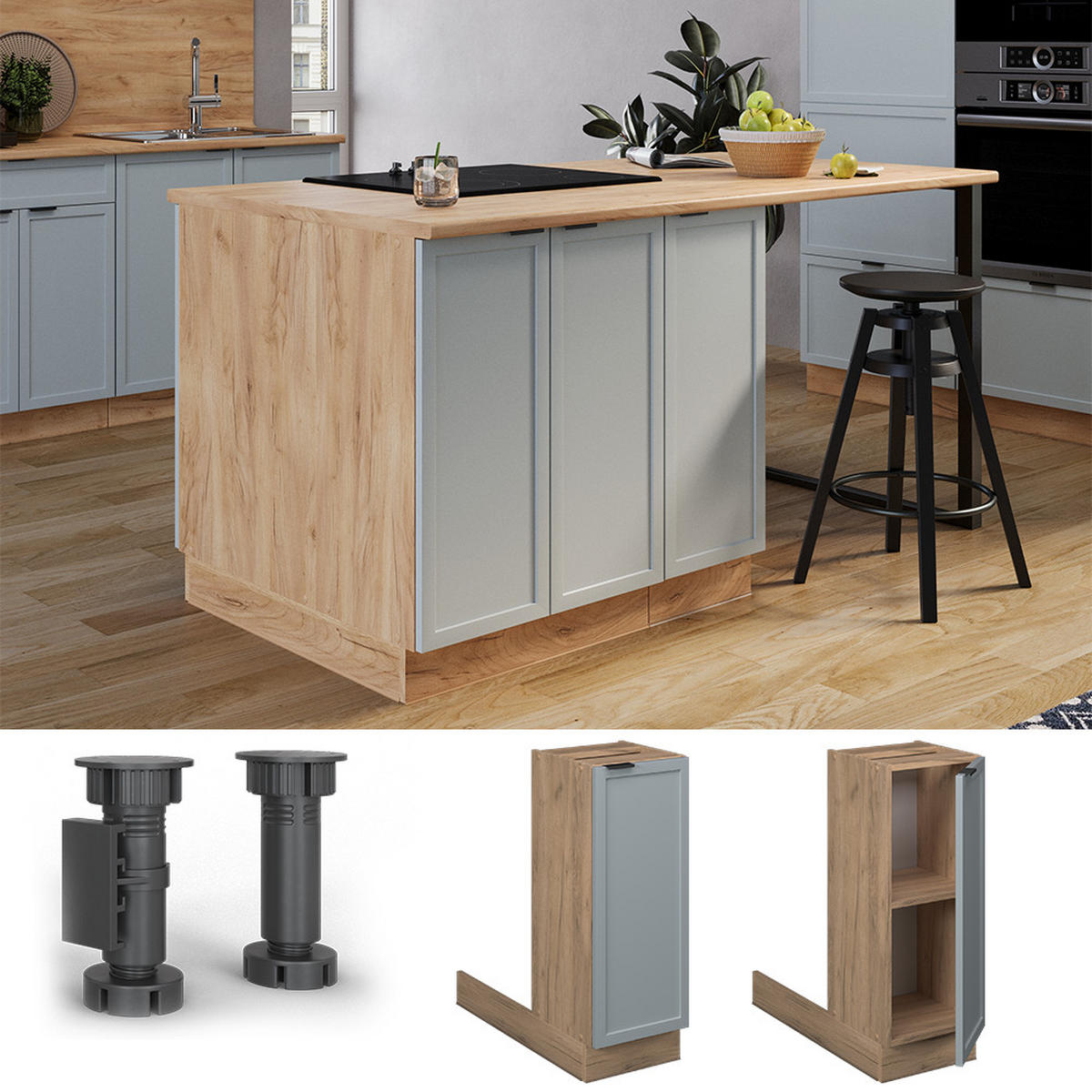 KÜCHENINSEL Fame-Line Hellblau-grau 30 cm ohne AP - Honigeiche/Blaugrau, Holzwerkstoff (30/82/70cm) - Vicco