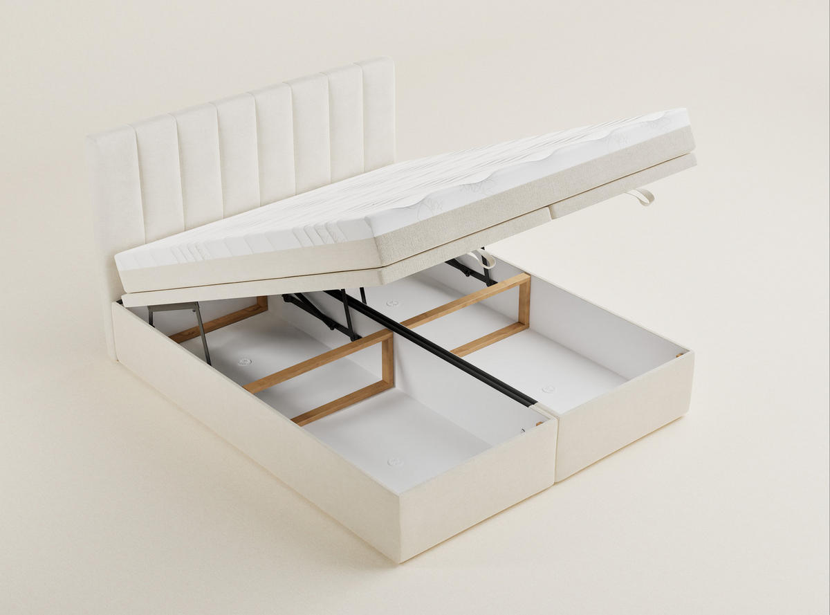 BOXBETT 180/200 cm Lovage M, in Creme, Matratze, gepolstertes Kopfteil, Bettkasten, H3 = fest - Creme/Schwarz, Holz/Holzwerkstoff (180/200cm) - Maison de Reve