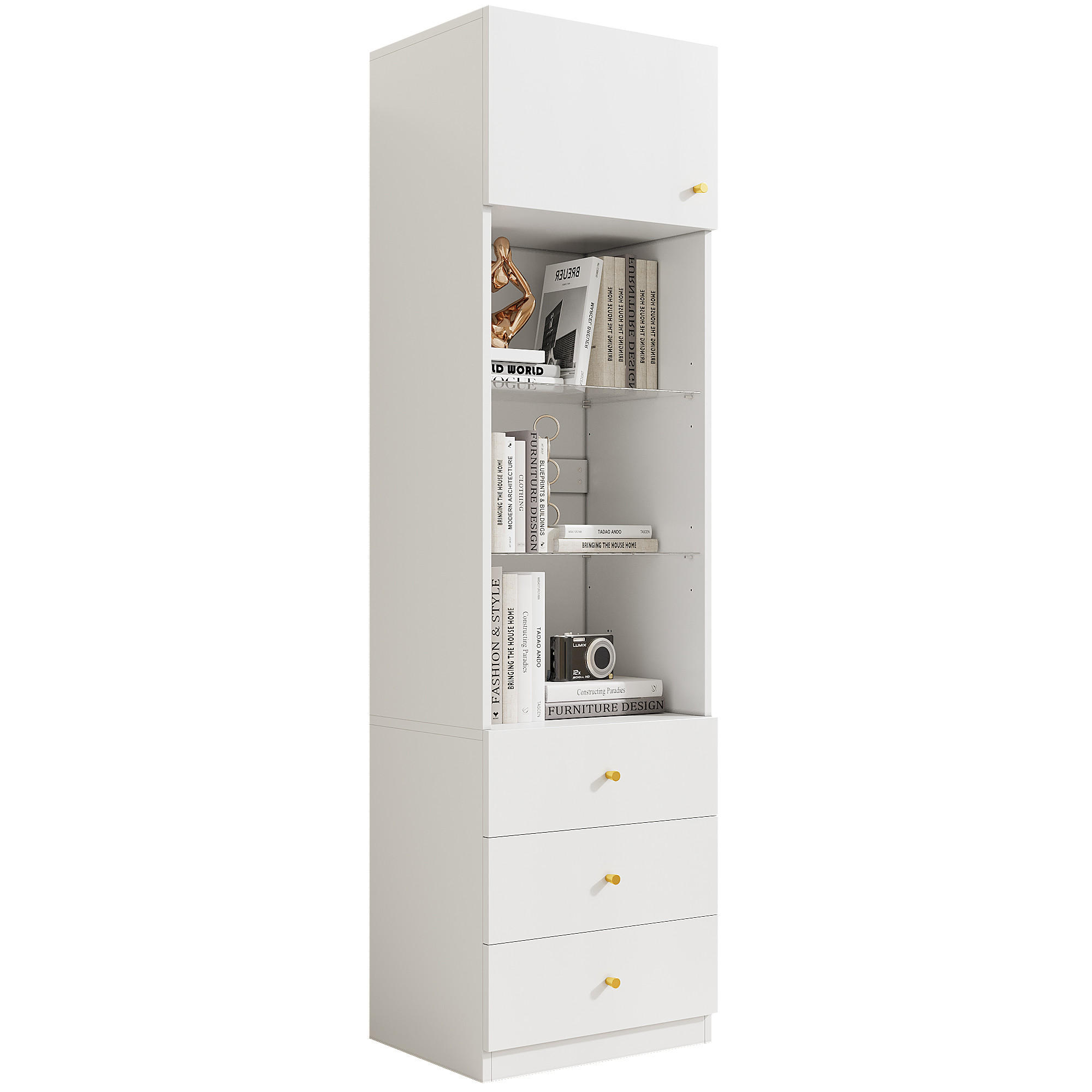 VITRINE Weiß 50×40×180 cm aus Holzwerkstoff mit verstellbaren Glasböden drei Schubladen und offenem Stauraum - Weiß, Holzwerkstoff (50/180/40cm) - Luhomfu