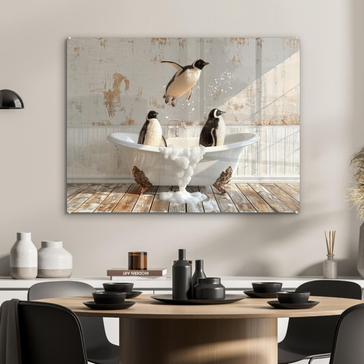 ACRYLGLASBILD Vintage - Pinguin - Badewanne - Schaumstoff 80x60 cm - Schwarz, Glas (80/60cm) - MuchoWow